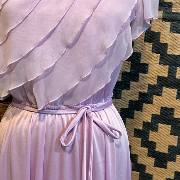 VINTAGE waterfall ruffle dress formal gown chiffon lavender 60s 70s mid century - Picture 4 of 15